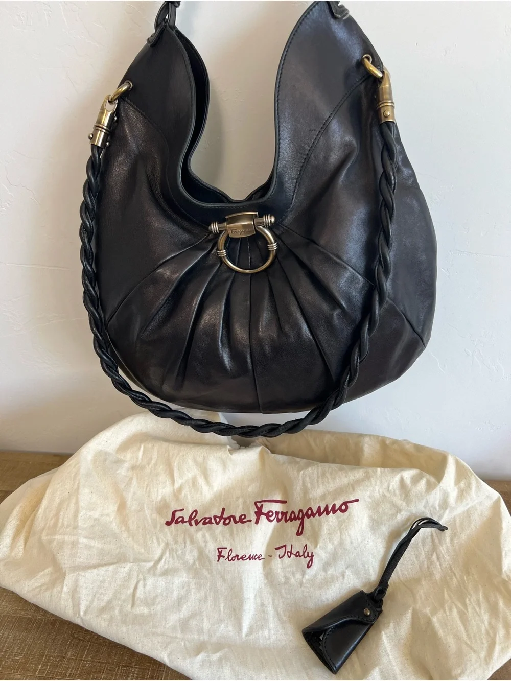 Authentic Ferragamo Black Butter Leather Hobo Shoulder Bag